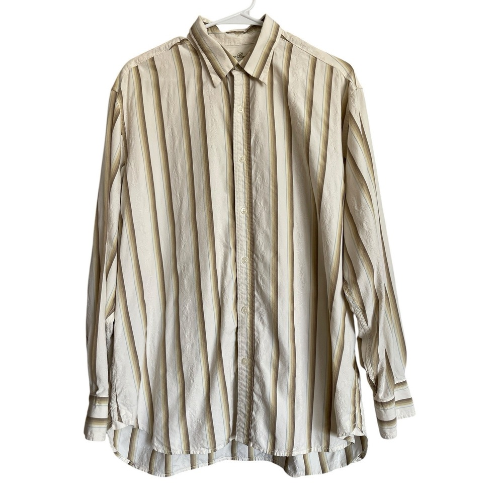 Tommy‎ Bahama Shirt Mens Large Silk ALL Over Embroidered White Blue Tan Hawaiian